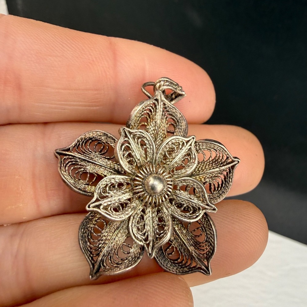 Vintage Sterling Silver Filigree Flower Estate Spun Signed BJ